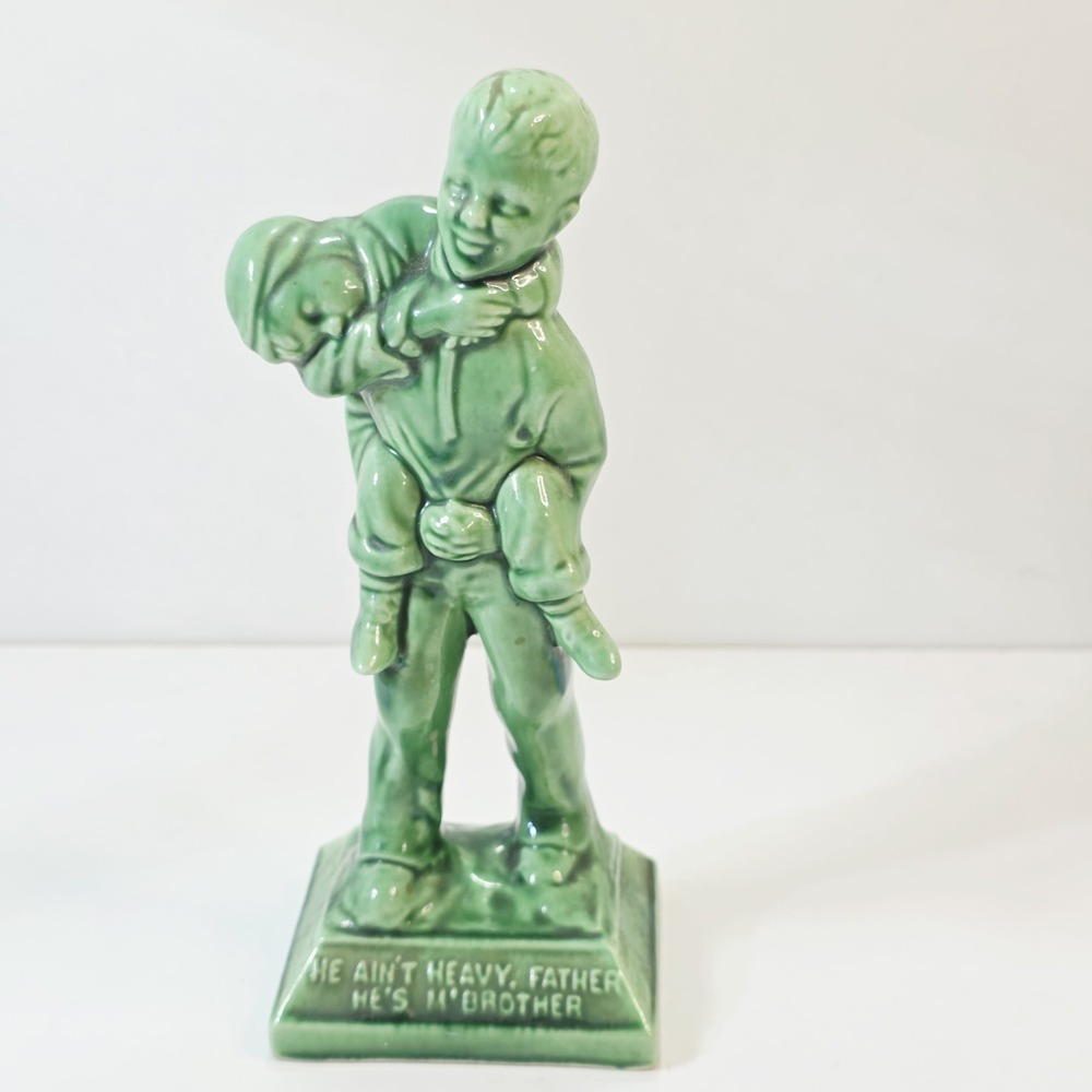 Vintage Boys Town Green Glazed Pottery Figurine He Ain't Heavy Father 8"